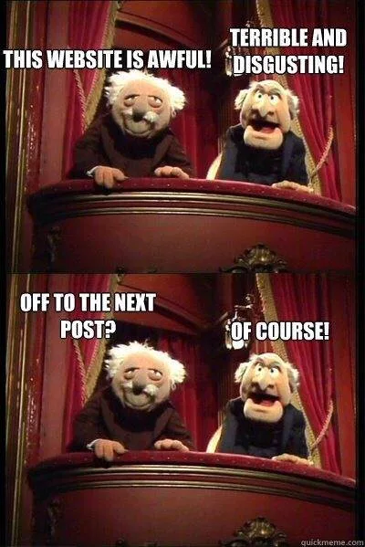 Two Muppet characters, Statler and Waldorf, are seated in a balcony box with red curtains behind them. In the top panel…