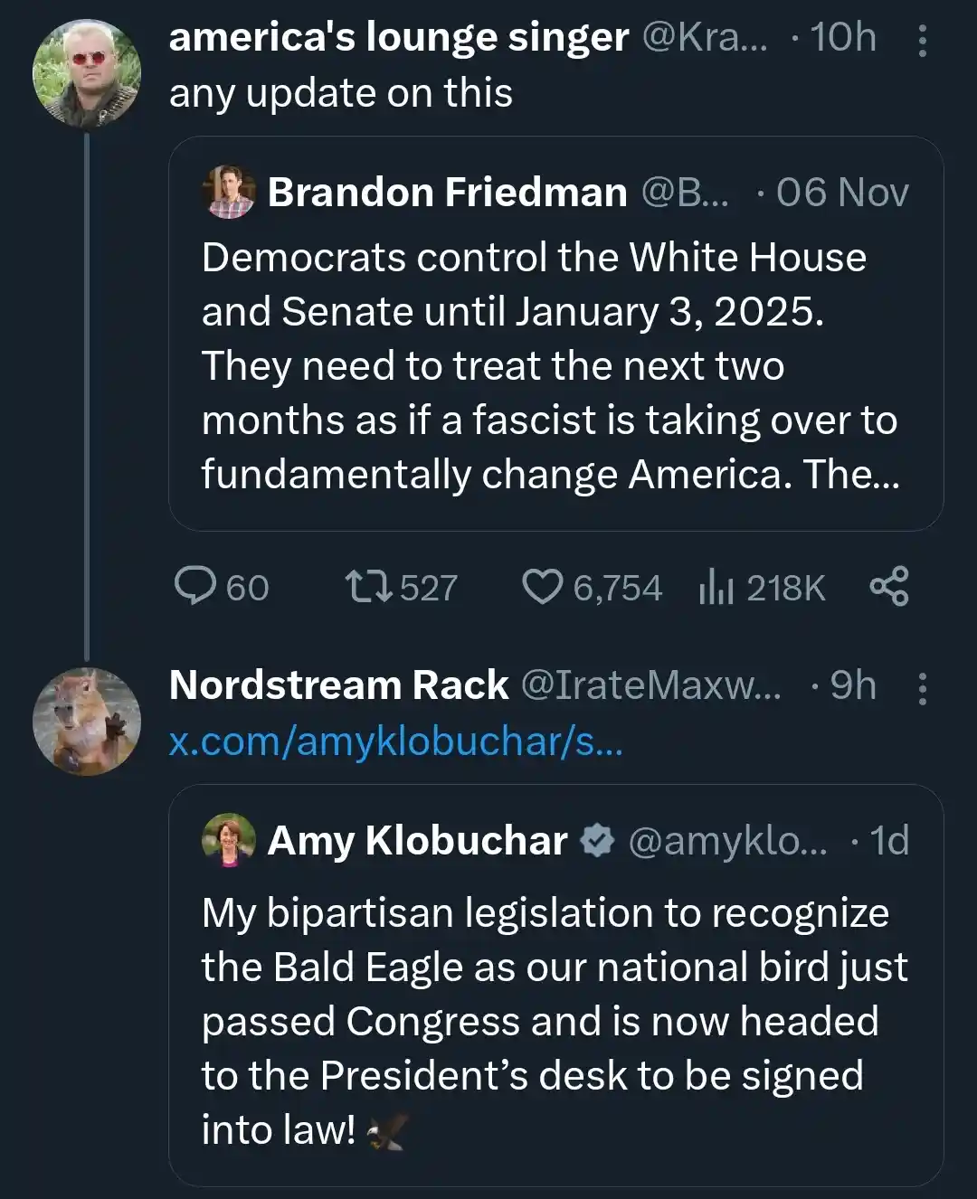 A screenshot of a Twitter thread shows a user named 'america's lounge singer' asking for an update. The thread includes a…