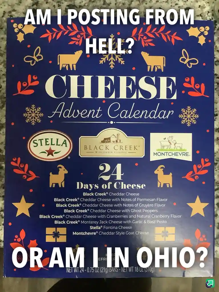 A blue cheese advent calendar box with festive red and gold decorations, featuring logos for Stella, Black Creek, and…