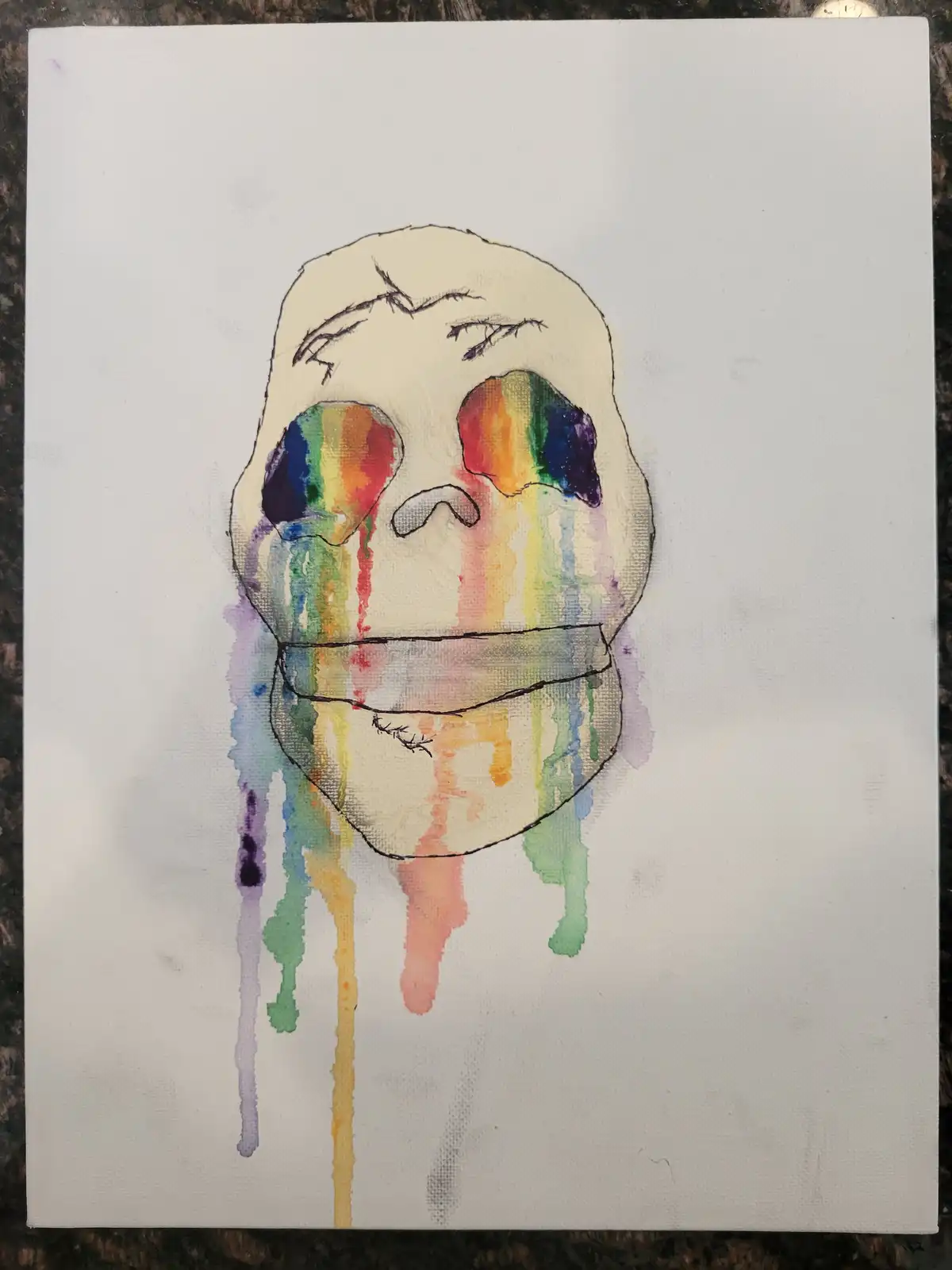 A watercolor painting of a stylized skull with rainbow-colored tears streaming down its face, set against a white canvas…