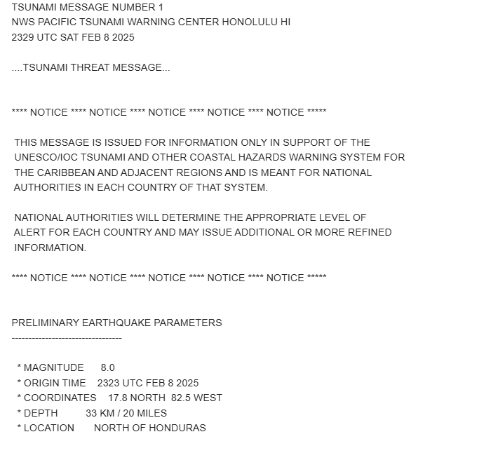 The image displays a formal-looking tsunami warning message from the NWS Pacific Tsunami Warning Center dated February 8…