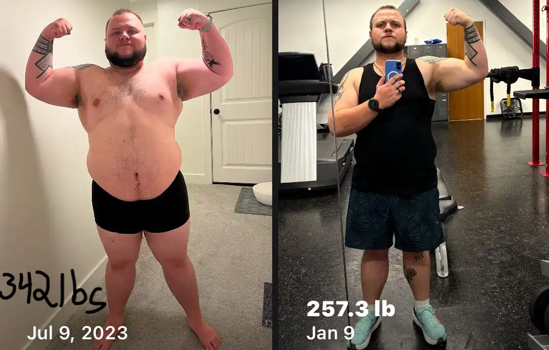 A side-by-side comparison of a man flexing his arms in two different photos: left shows him shirtless in black shorts with…