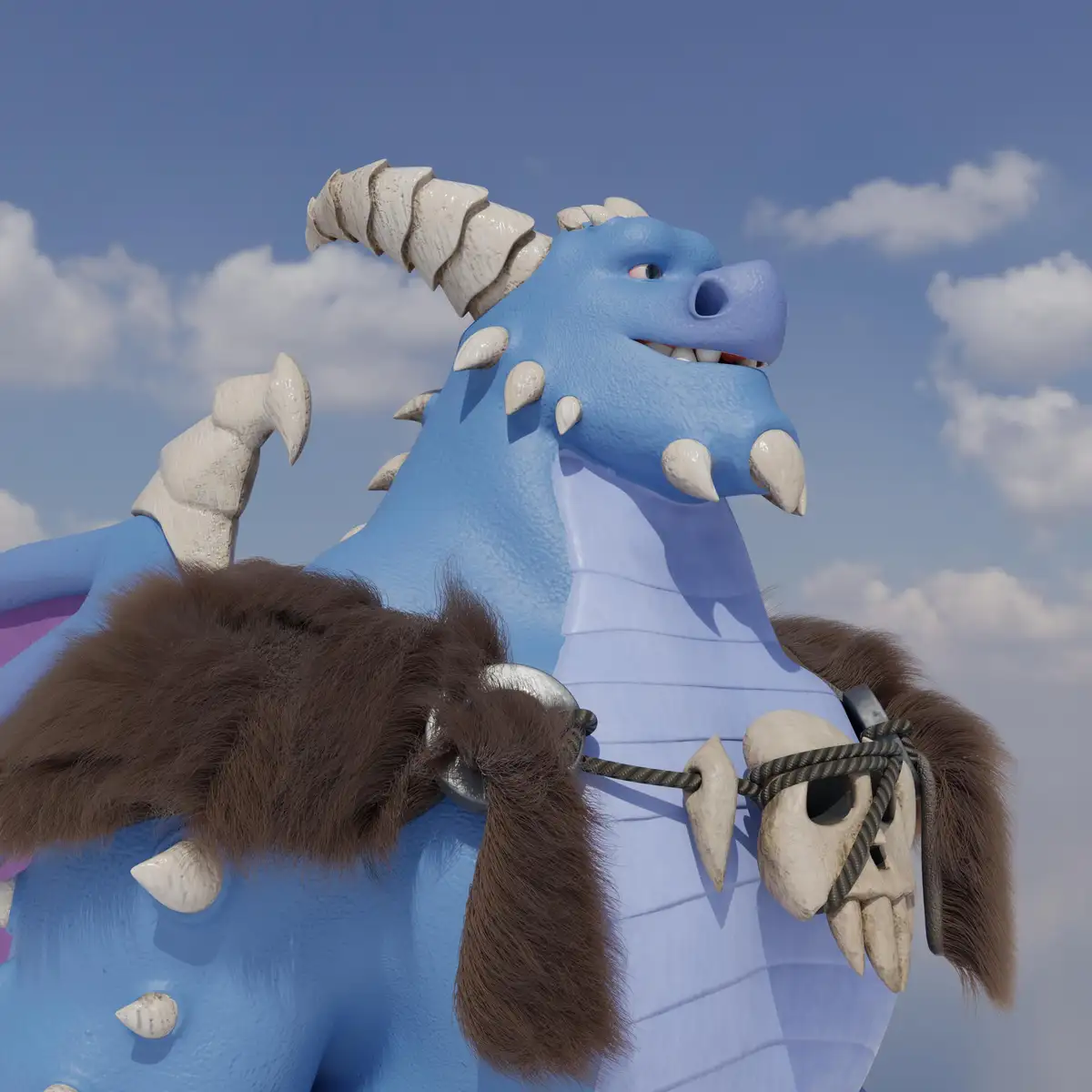A blue, cartoonish dragon with white horns and spikes, wearing a fur-lined harness with skull decorations, looks up against…