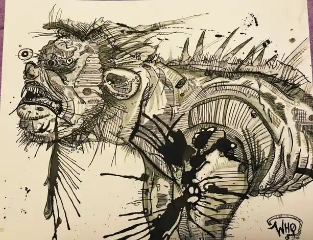 A black-and-white ink drawing depicts a grotesque, monstrous creature with multiple eyes, sharp teeth, spiky protrusions…