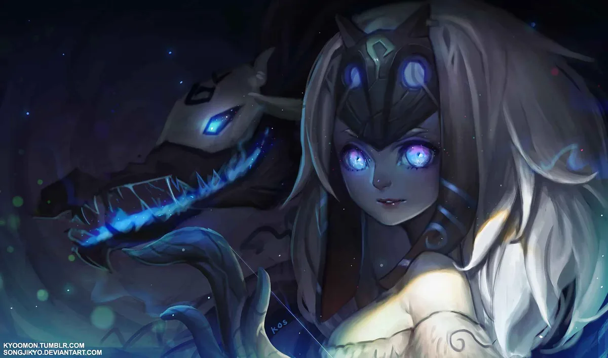 A digital artwork depicts a young woman with long white hair and glowing purple eyes, wearing a dark, ornate headpiece with…
