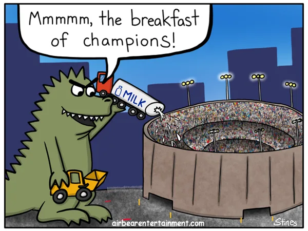 A cartoon green dinosaur with a small red truck and yellow dump truck toy is pouring milk from a tanker labeled 'MILK' into…