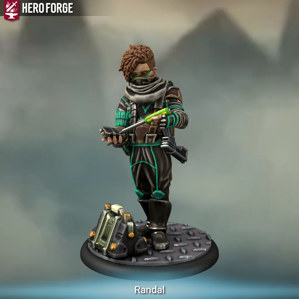 A 3D-rendered Hero Forge character named Randal stands on a circular metal base, holding a futuristic weapon with a glowing…