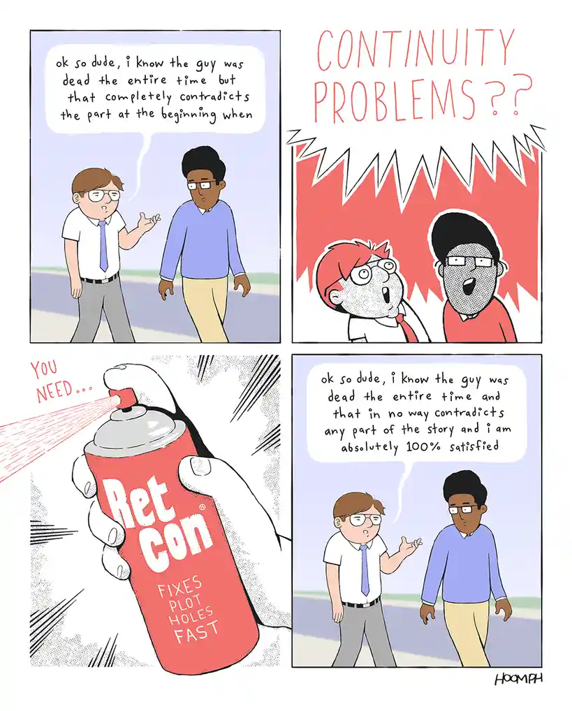 A four-panel comic shows two men arguing about a story's continuity. One man complains that a character being dead…