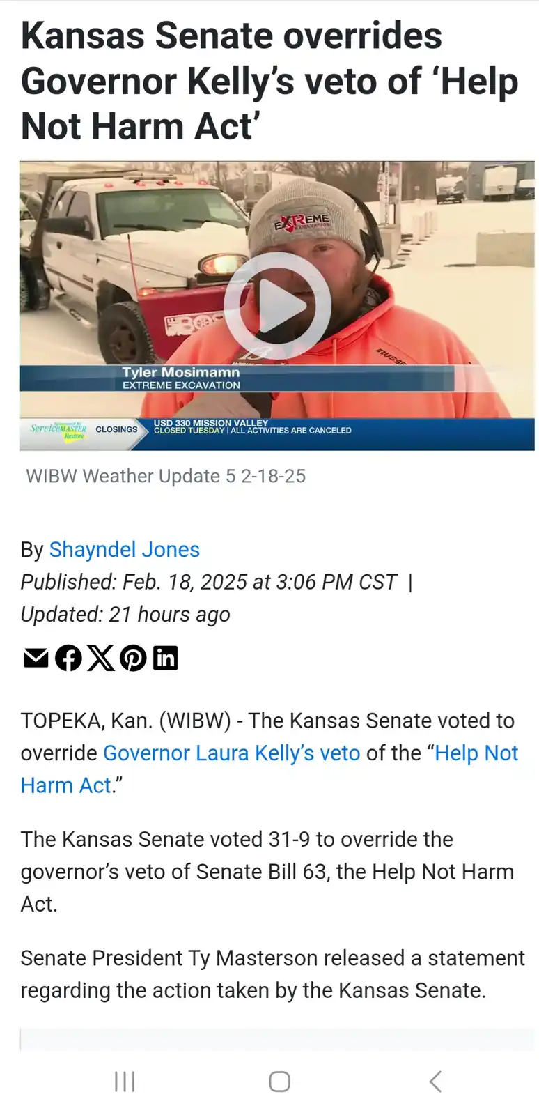 A screenshot of a news article about the Kansas Senate overriding a veto, overlaid with a video thumbnail of a man in an…