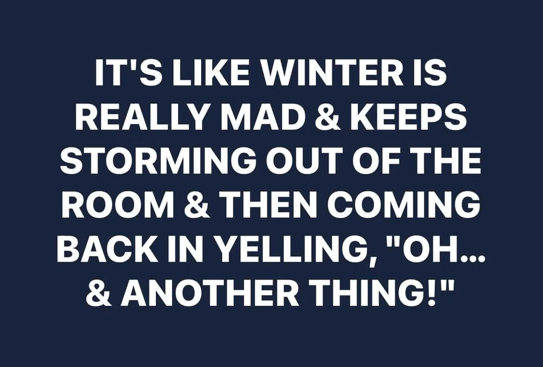 The image features bold white text on a solid dark blue background. The text reads: 'IT'S LIKE WINTER IS REALLY MAD & KEEPS…