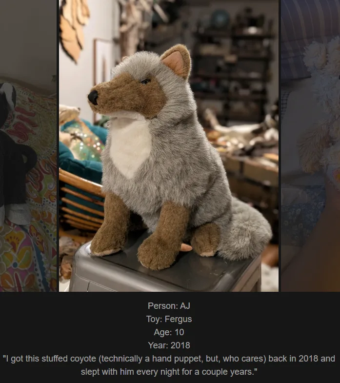 A plush stuffed coyote toy, named Fergus, sits upright on a gray plastic container. The toy has gray and brown fur, a white…
