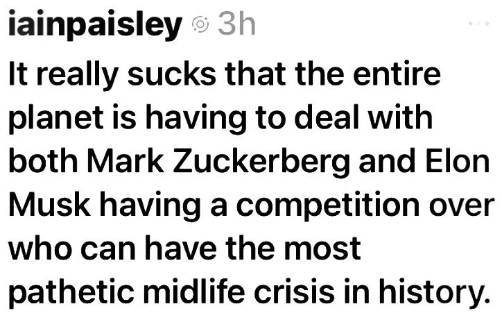 A screenshot of a tweet by iainpaisley, posted 3 hours ago, featuring black text on a white background. The text reads: 'It…