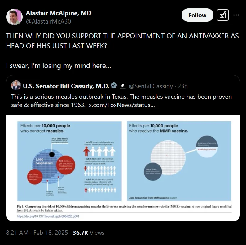 A screenshot of a tweet from Alastair McAlpine, MD, reacting to a tweet from U.S. Senator Bill Cassidy, M.D., which links to…