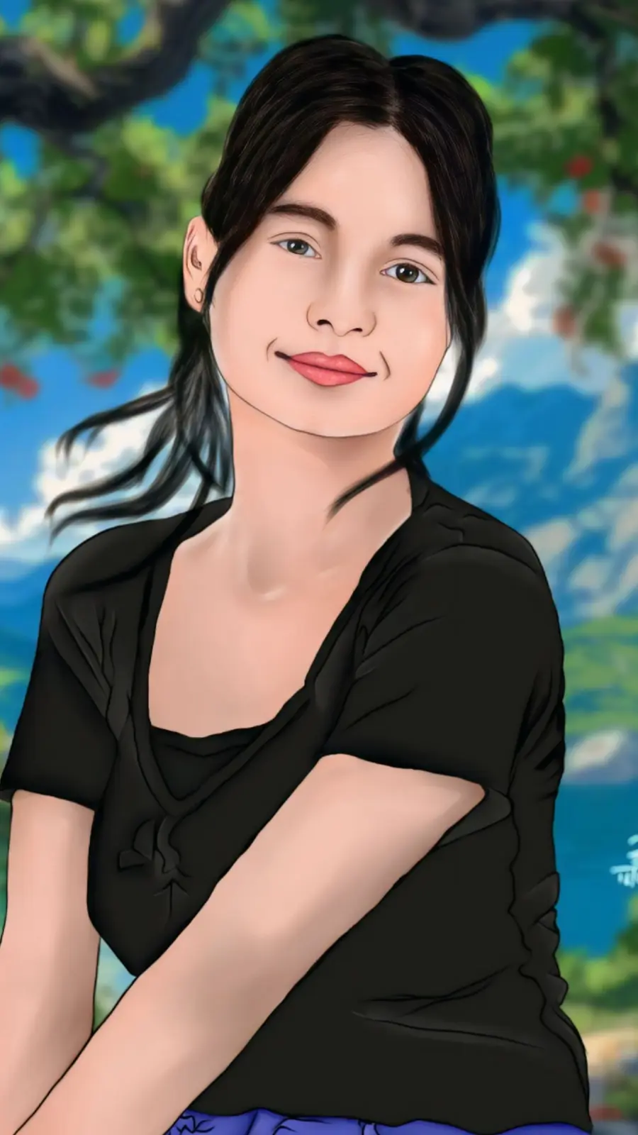 A digitally rendered portrait of a young woman with dark hair and a slight smile, wearing a black top against a bright…