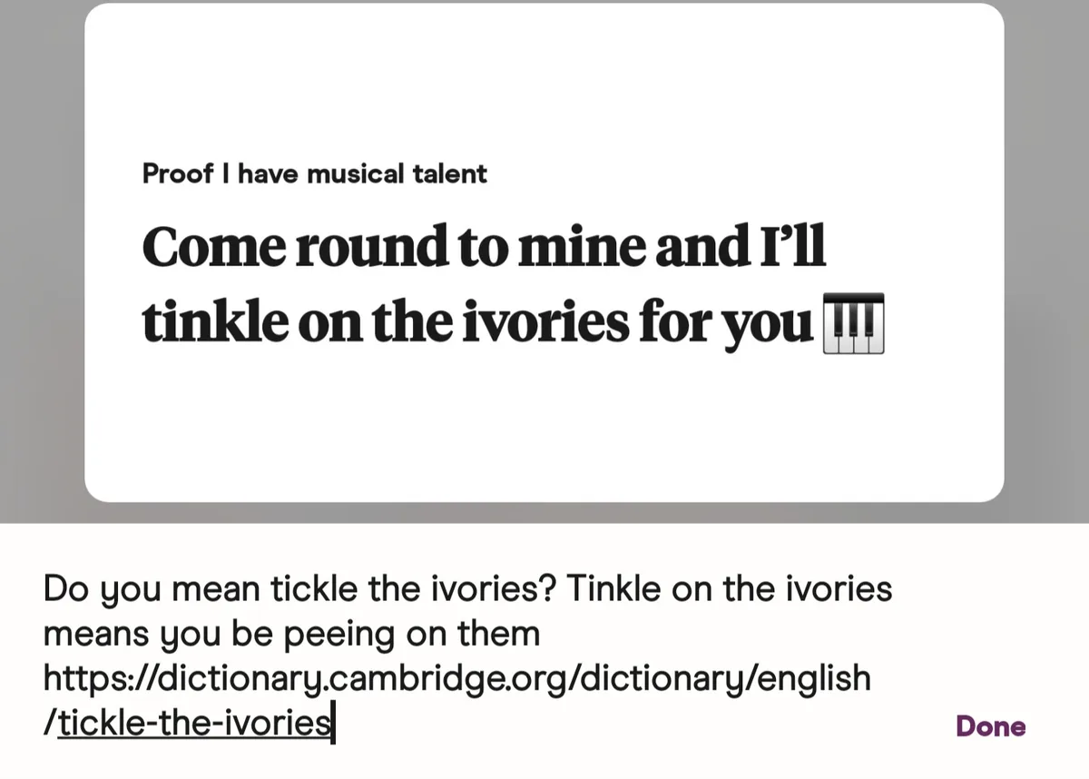 The image displays a mock-up of a text message or social media post with the header 'Proof I have musical talent' and the…