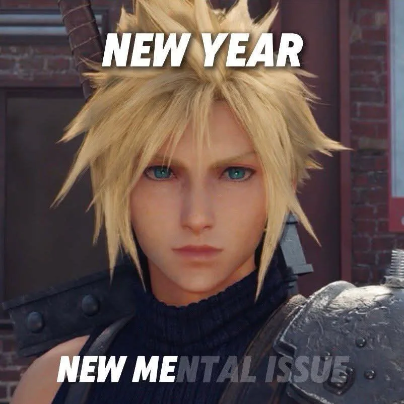 A close-up of the video game character Cloud Strife from Final Fantasy VII, with spiky blond hair and blue eyes, wearing a…