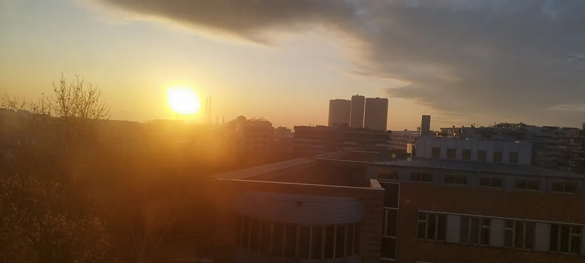 A cityscape at sunset with the sun low on the horizon, casting golden light and lens flare over buildings and bare trees…