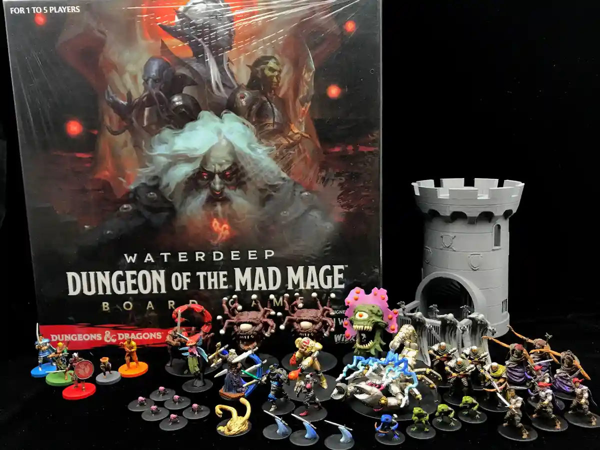 A photo of the 'Waterdeep: Dungeon of the Mad Mage' Dungeons & Dragons board game box, which states 'FOR 1 TO 5 PLAYERS' in…