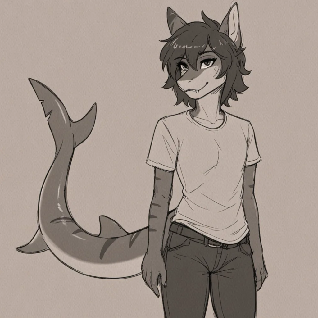A grayscale anime-style drawing shows a humanoid figure with wolf-like ears and a shark tail, wearing a t-shirt and jeans…
