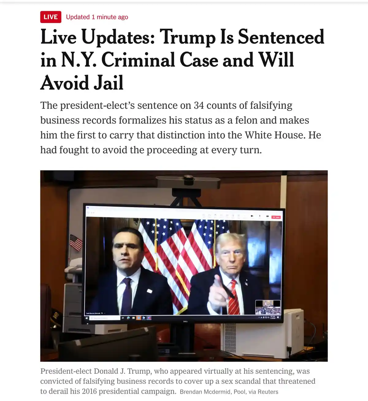 A screenshot of a news article shows a headline about Donald Trump being sentenced for falsifying business records but…