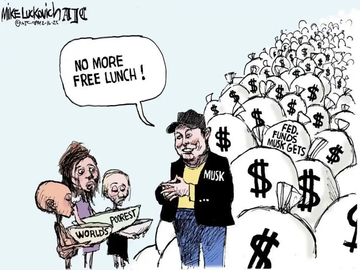 A cartoon depicts a caricature of Elon Musk, wearing a jacket labeled 'MUSK', standing before a large pile of money bags…