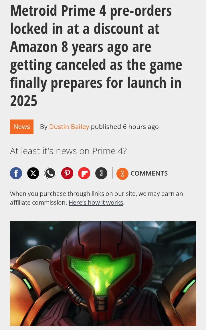 A screenshot of a fake news article about Metroid Prime 4 pre-orders being canceled, overlaid with the text 'At least it's…