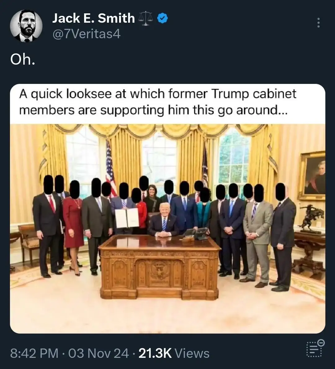 An image of Donald Trump seated at his presidential desk in the Oval Office, surrounded by a group of former cabinet members…