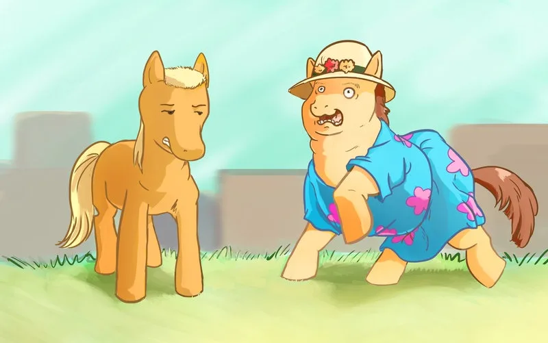 Two cartoon ponies stand in grassy terrain; one is calm and unamused, while the other, wearing a blue floral dress and a…