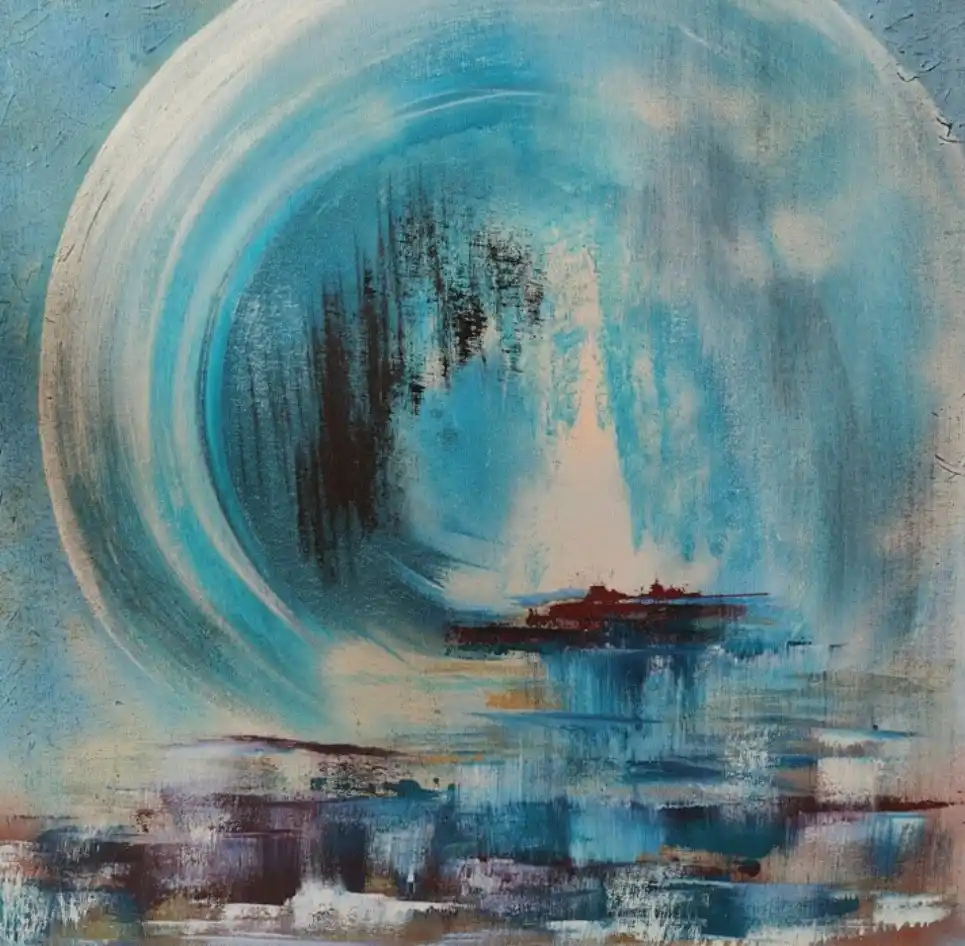 An abstract painting with swirling blue and white brushstrokes forming a large circular vortex, dark vertical strokes…
