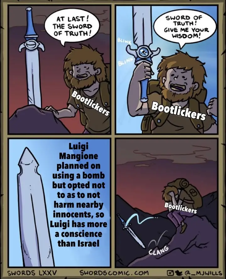 A four-panel comic strip featuring a character named 'Bootlickers' who finds a sword called 'Sword of Truth' and demands…