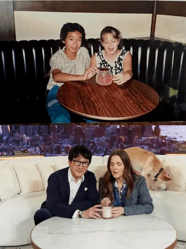 The image is a two-panel meme. The top panel shows two young children sitting at a small wooden table in a booth, holding a…