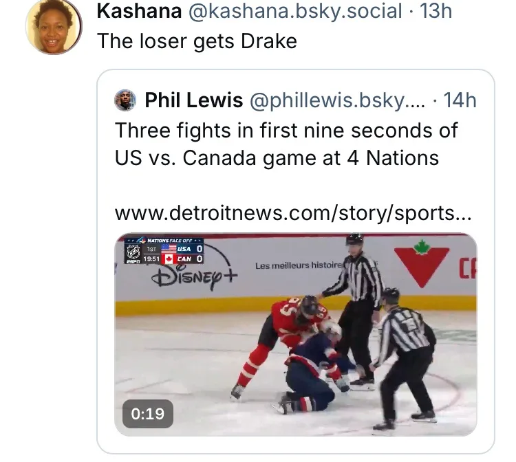 A screenshot of a social media post showing a hockey fight between two players on ice, with referees nearby. The post…