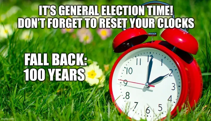 A red alarm clock sits on green grass with blurred flowers in the background. White bold text overlaid says 'IT'S GENERAL…