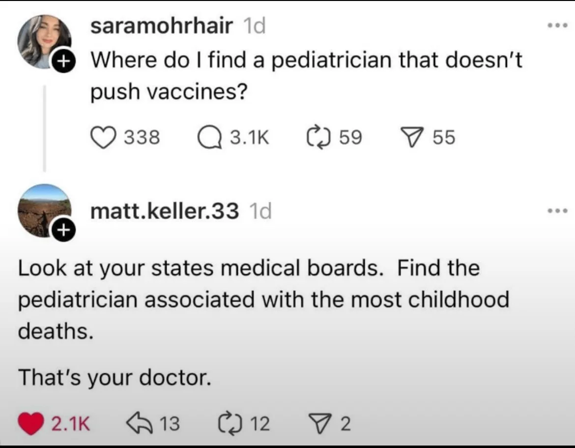 A screenshot of a social media comment thread shows a user asking where to find a pediatrician who doesn't push vaccines…
