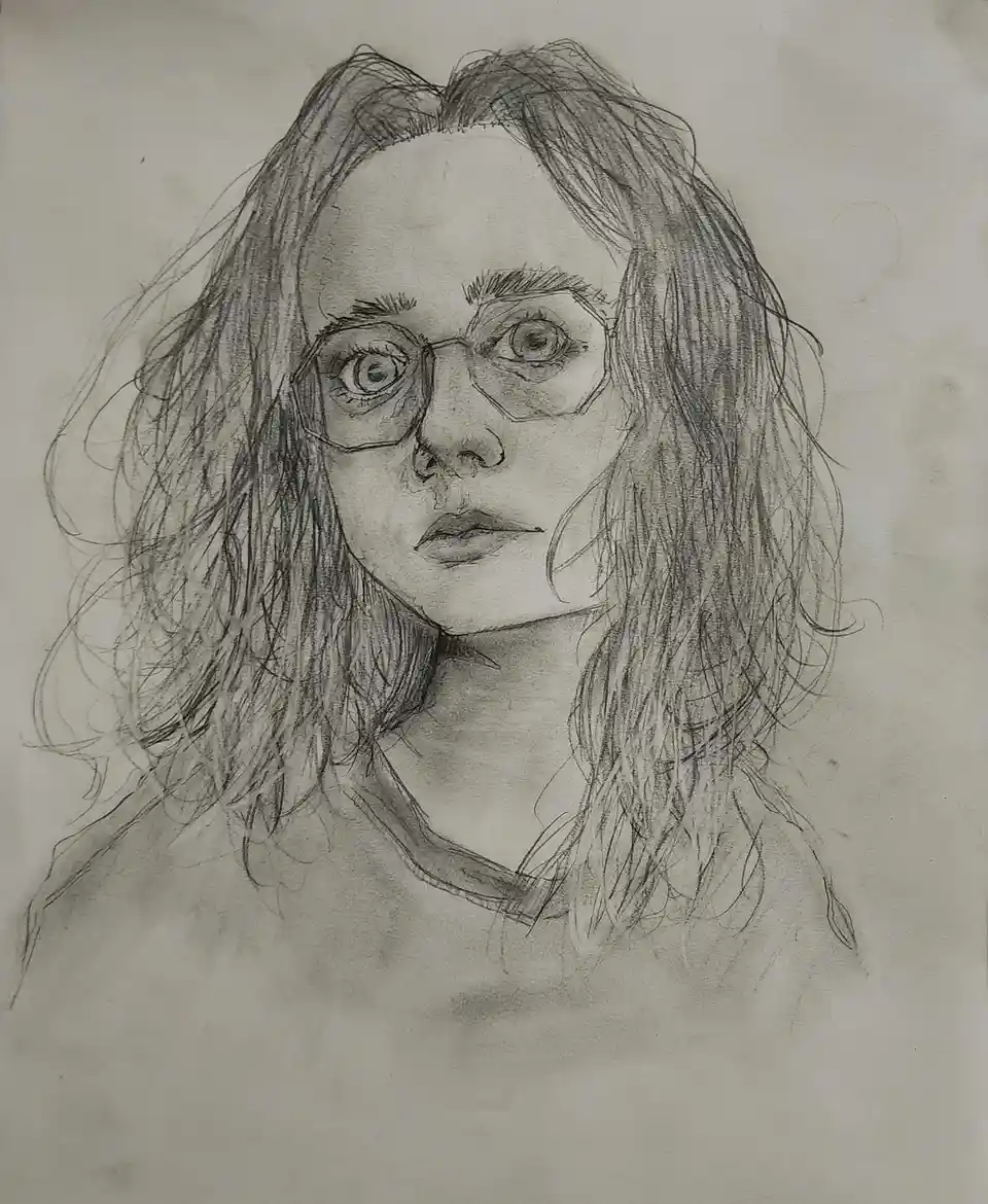 A detailed pencil sketch of a person with long, messy hair and glasses, looking directly at the viewer with a tired or…
