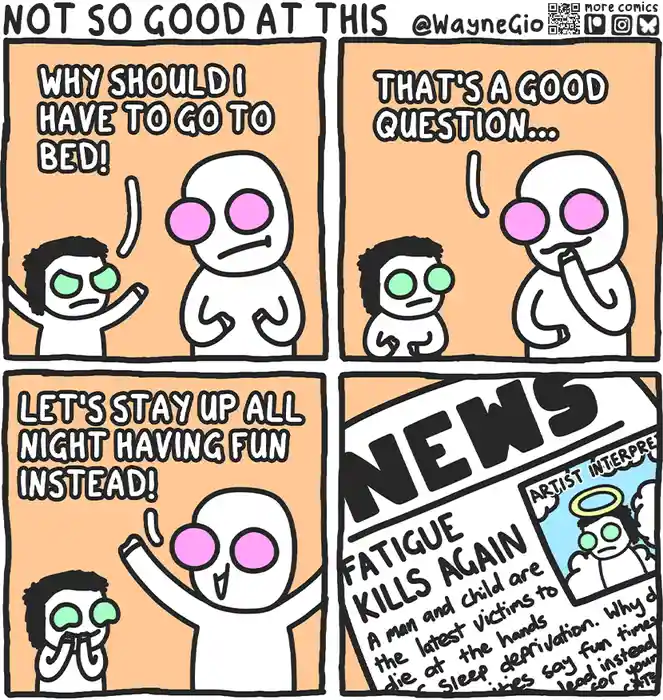 A four-panel comic shows a child arguing against bedtime, proposing staying up all night for fun, and then a newspaper…