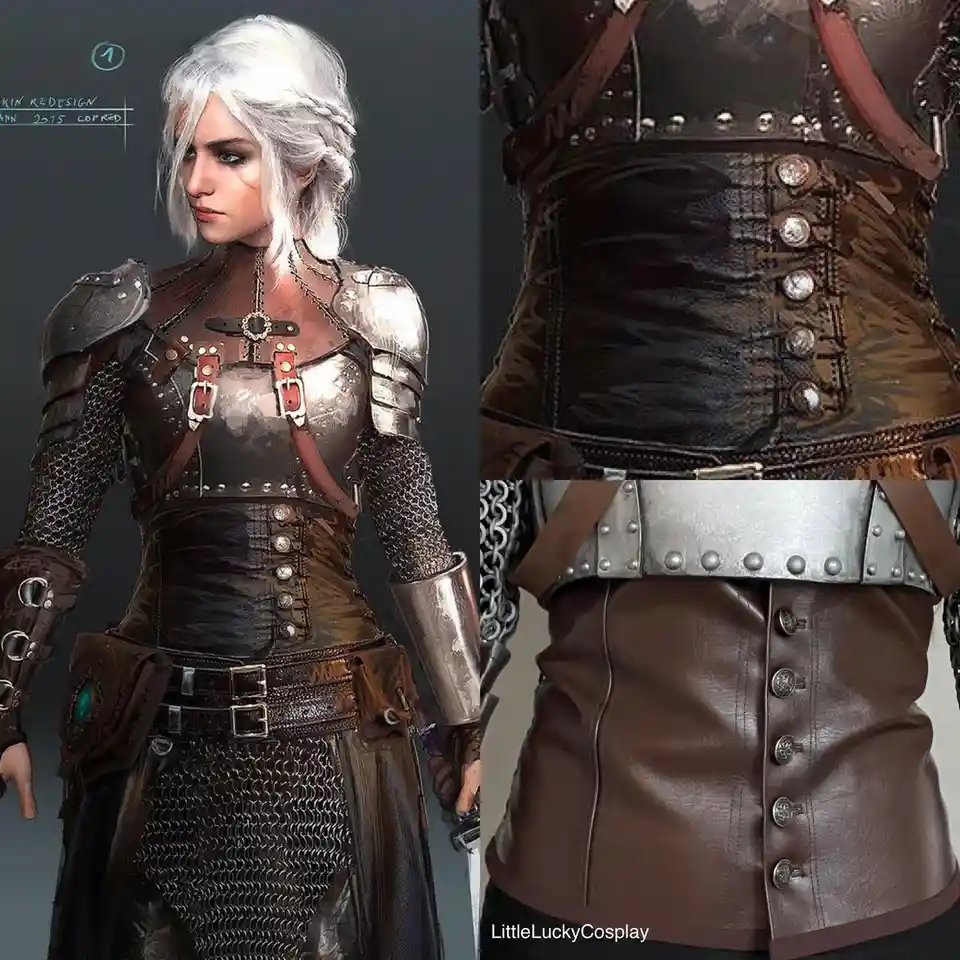 This image compares a concept art design of a female fantasy character in armor with two close-up photos of a real-life…