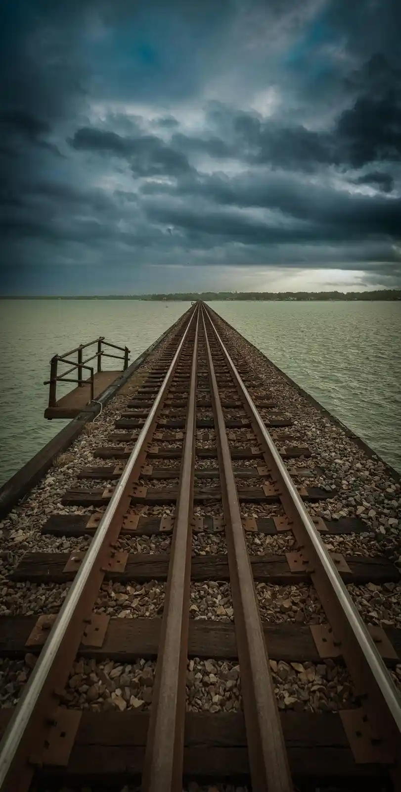 A low-angle shot of a weathered railroad track stretching straight into the distance over a body of water, flanked by gravel…