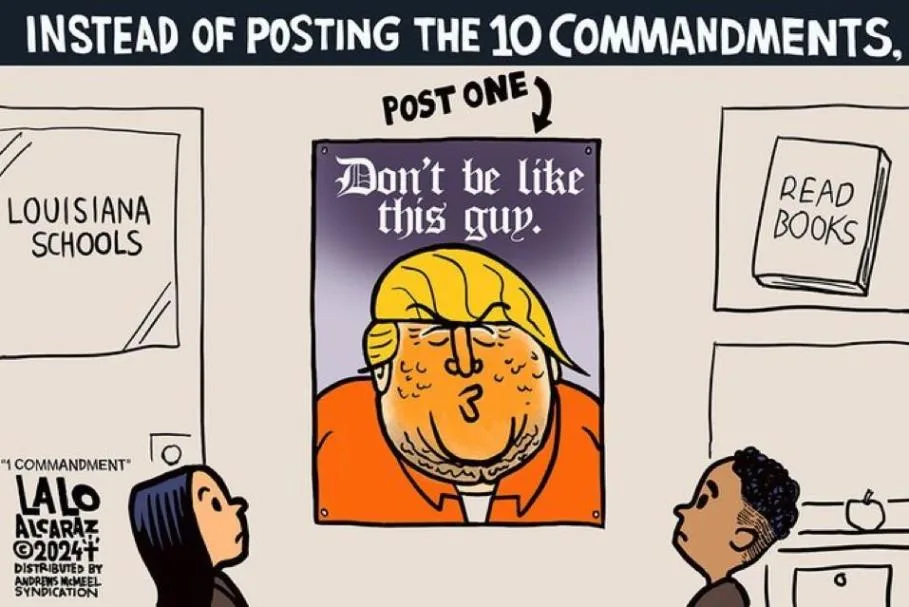 A cartoon depicts two children looking at a school wall with posters. One poster reads 'LOUISIANA SCHOOLS', another shows a…
