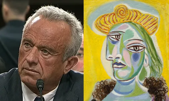 The image is a side-by-side split: on the left, a close-up of a man with gray hair wearing a suit and tie, sitting at a…