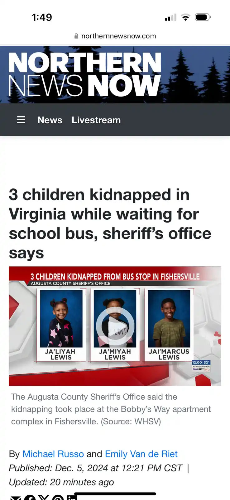 A screenshot of a news article from 'Northern News Now' with the headline '3 children kidnapped in Virginia while waiting…