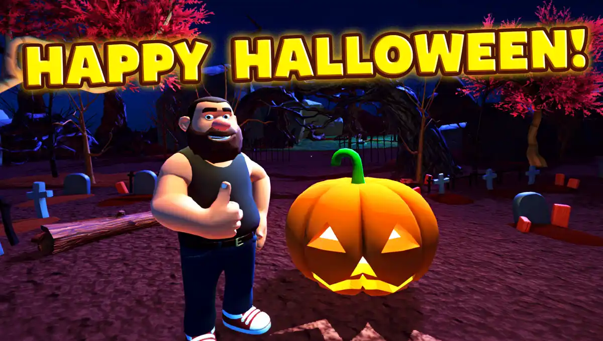 A 3D cartoon man with a beard and tank top gives a thumbs-up next to a glowing jack-o'-lantern in a spooky graveyard with…