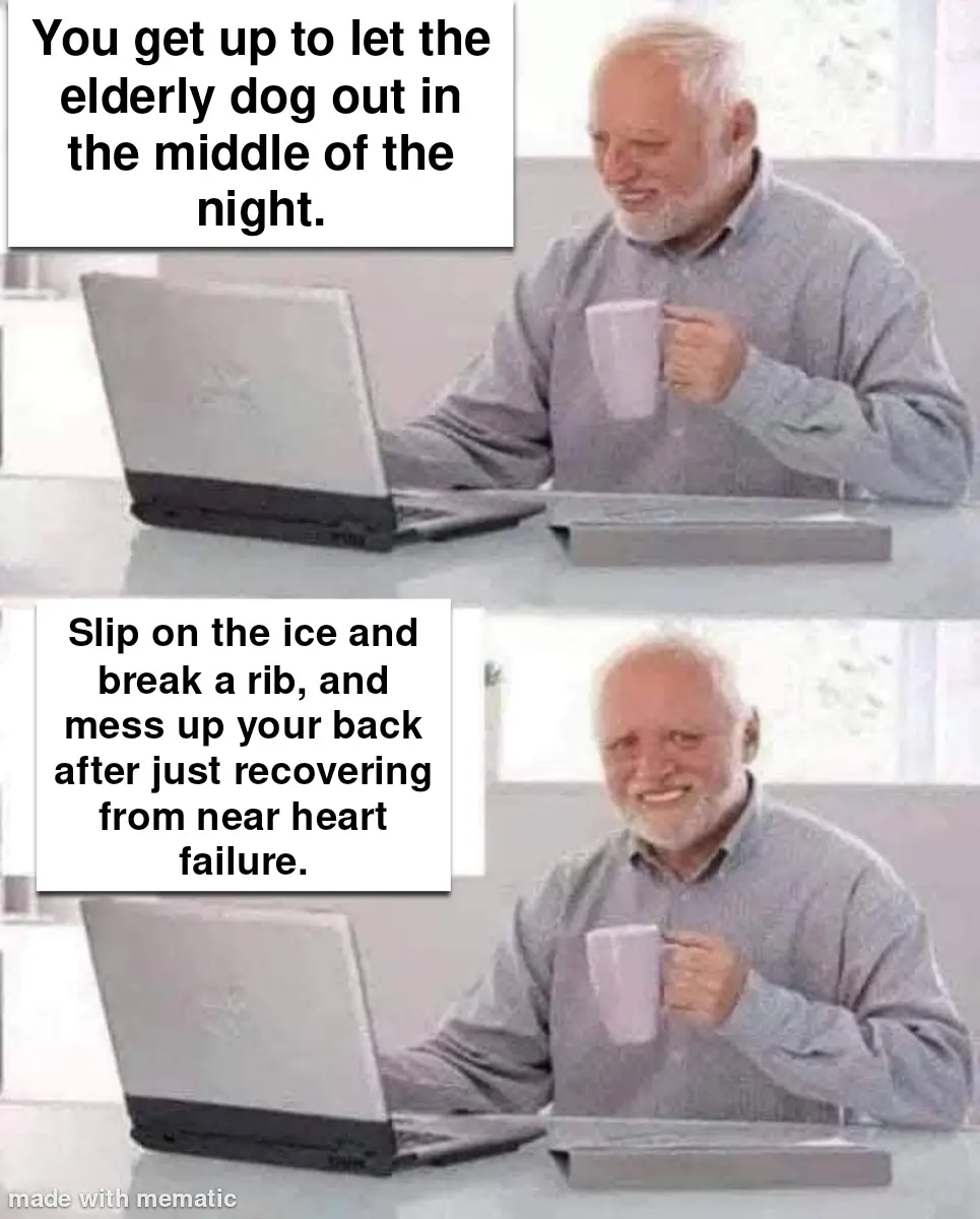 A two-panel meme featuring an elderly man with white hair and a beard, wearing a grey shirt, sitting at a desk with a laptop…