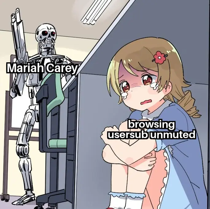 An anime-style girl with brown hair and a red flower in her hair, wearing a blue dress and white socks, cowers in fear with…