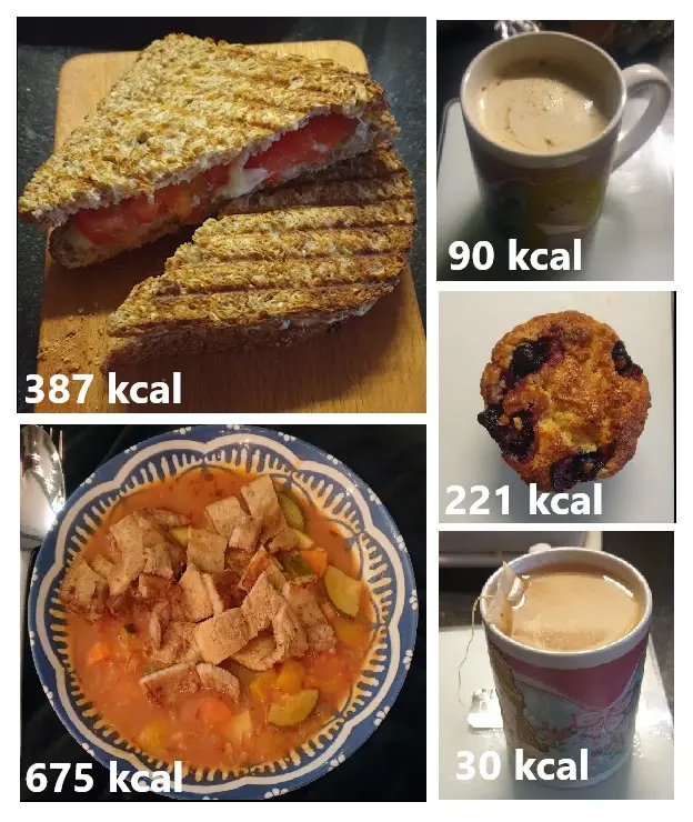 A collage of four food items with their calorie counts overlaid: a grilled sandwich (387 kcal), a cup of coffee (90 kcal), a…