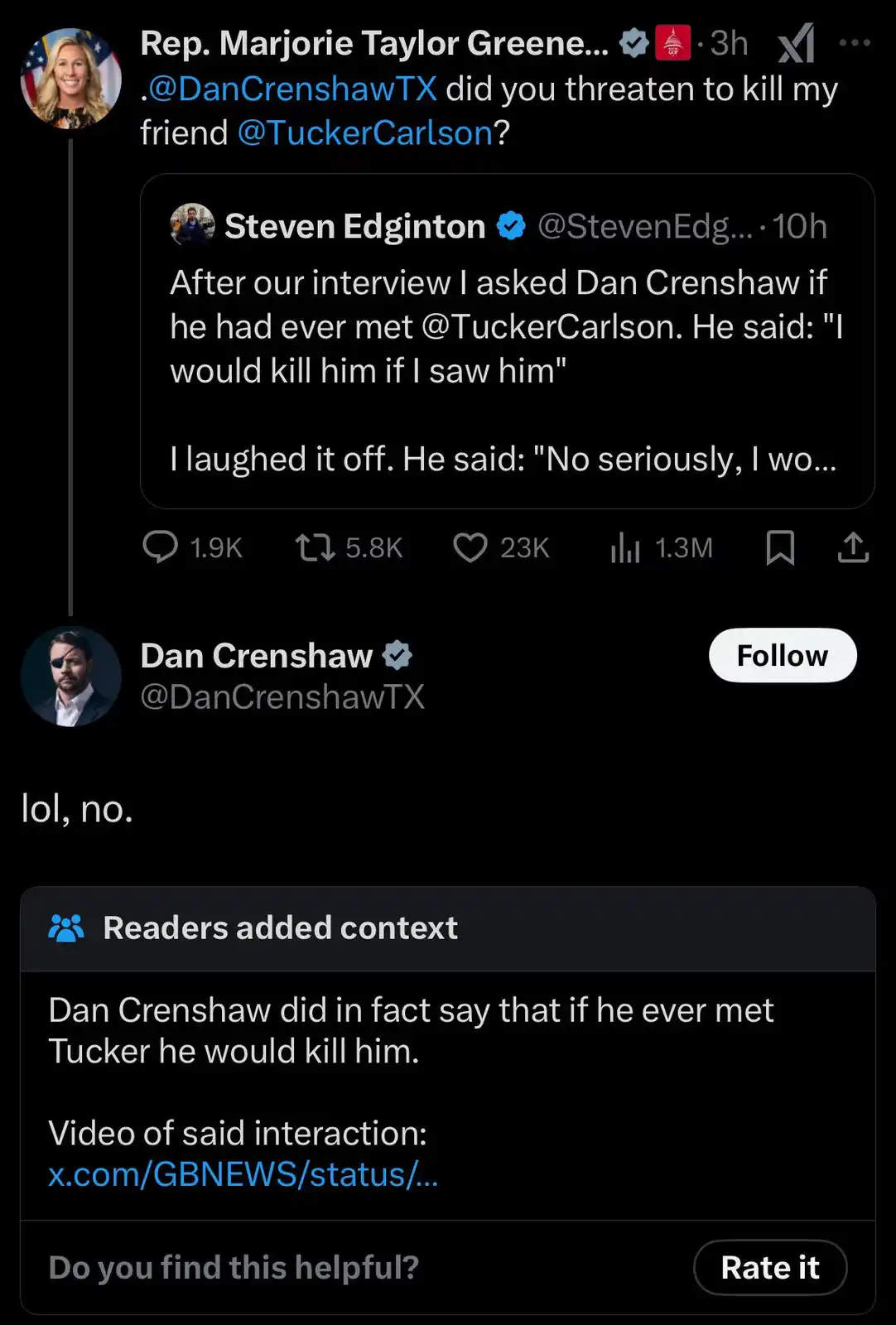 A screenshot of a Twitter thread shows Rep. Marjorie Taylor Greene asking Dan Crenshaw if he threatened to kill her friend…