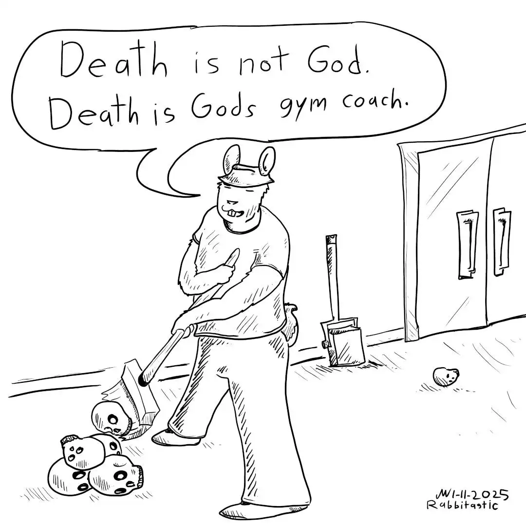 A black-and-white cartoon depicts a man with rabbit ears sweeping up skulls with a broom. A speech bubble above his head…