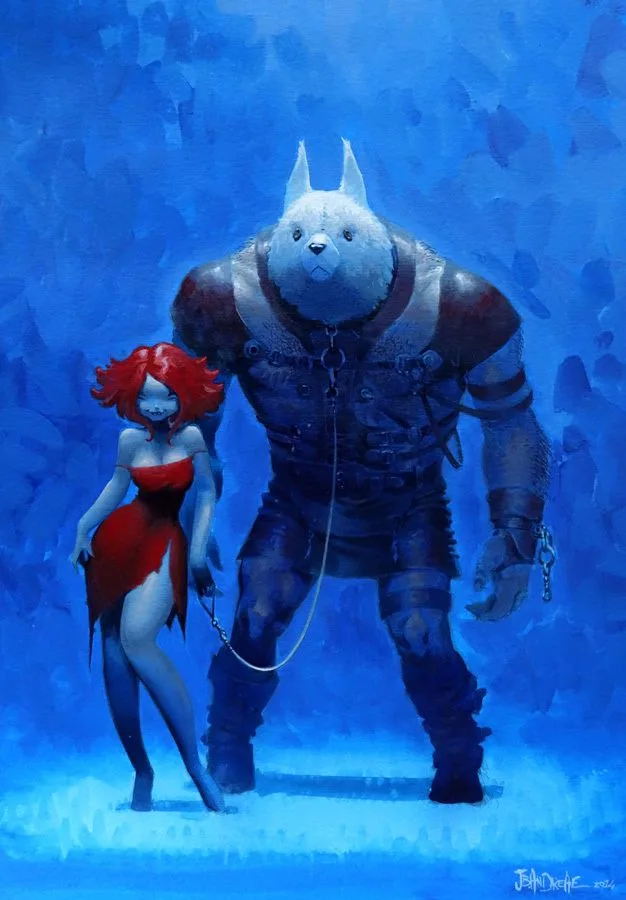 A large, muscular anthropomorphic bear with a sad expression stands beside a small woman with red hair and a red dress…