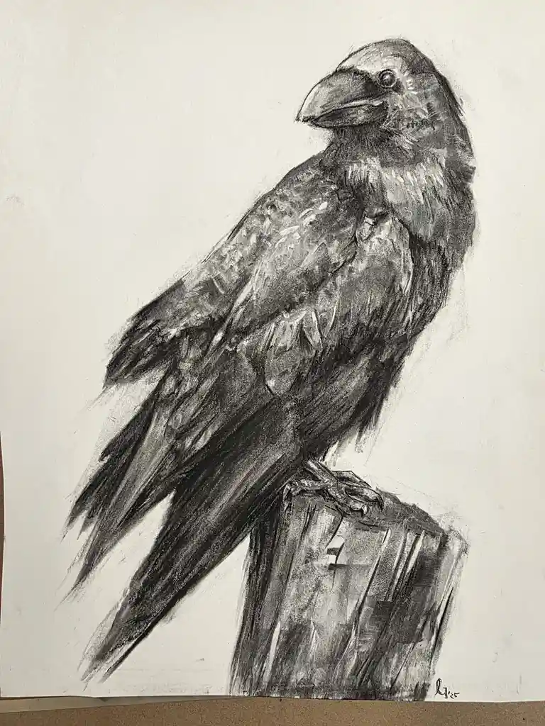 A detailed charcoal drawing of a raven perched on a wooden post, rendered in grayscale with textured feathers and a stern…