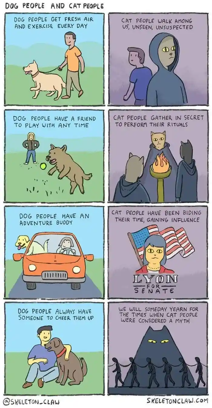 A six-panel comic contrasts 'dog people' with 'cat people,' showing dog people as active and social while cat people are…